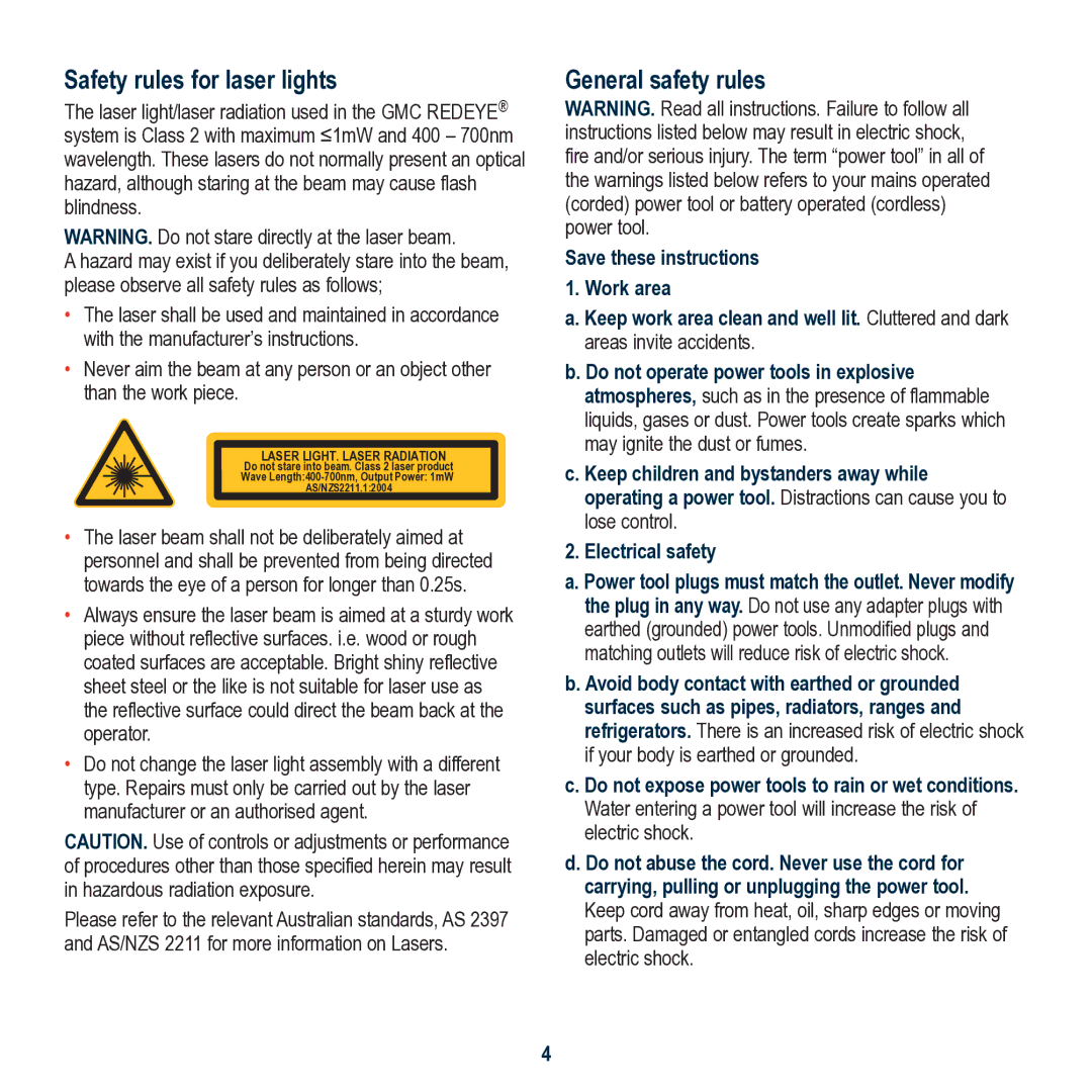 Global Machinery Company LS750P JM Safety rules for laser lights, General safety rules, Electrical safety 