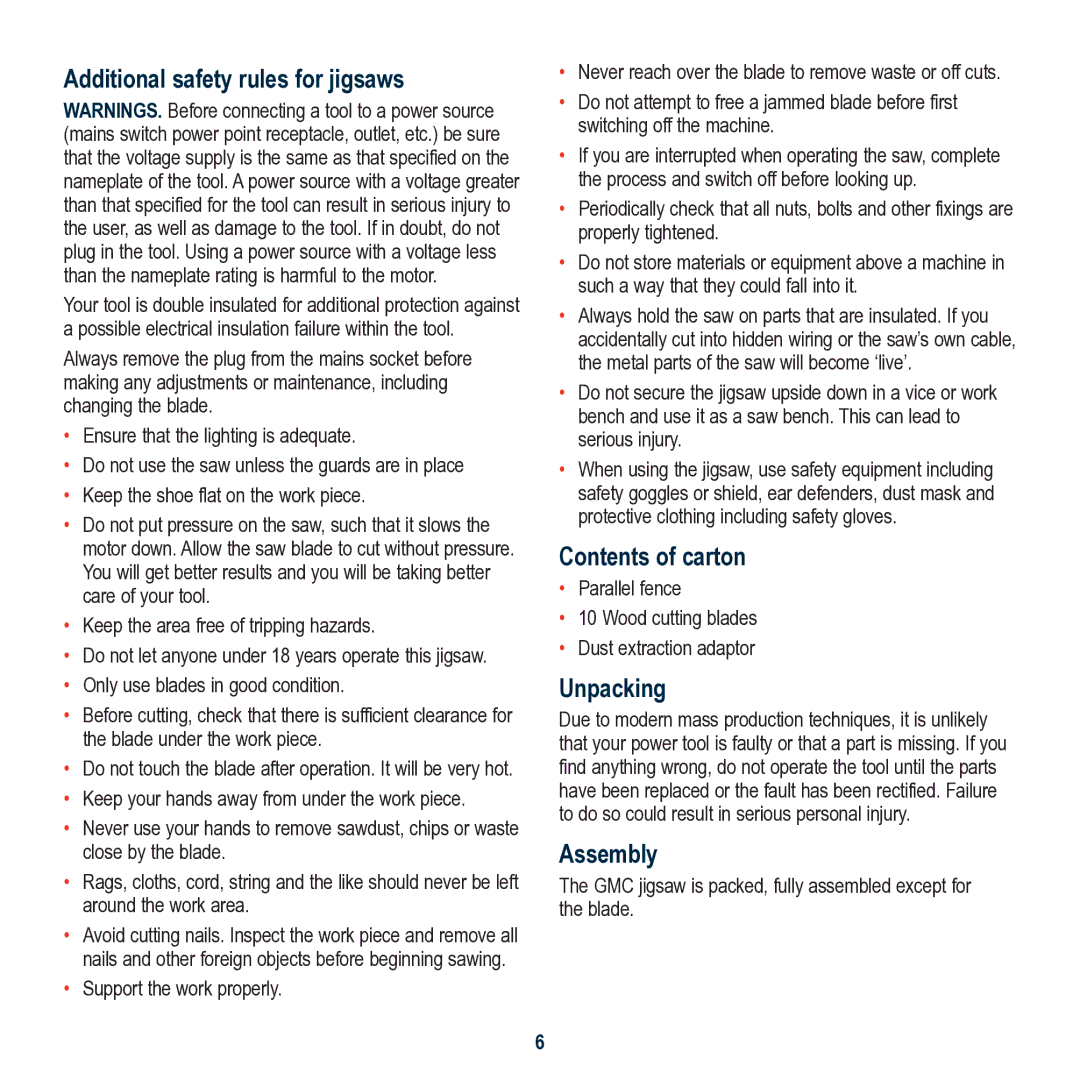 Global Machinery Company LS750P JM Additional safety rules for jigsaws, Contents of carton, Unpacking, Assembly 