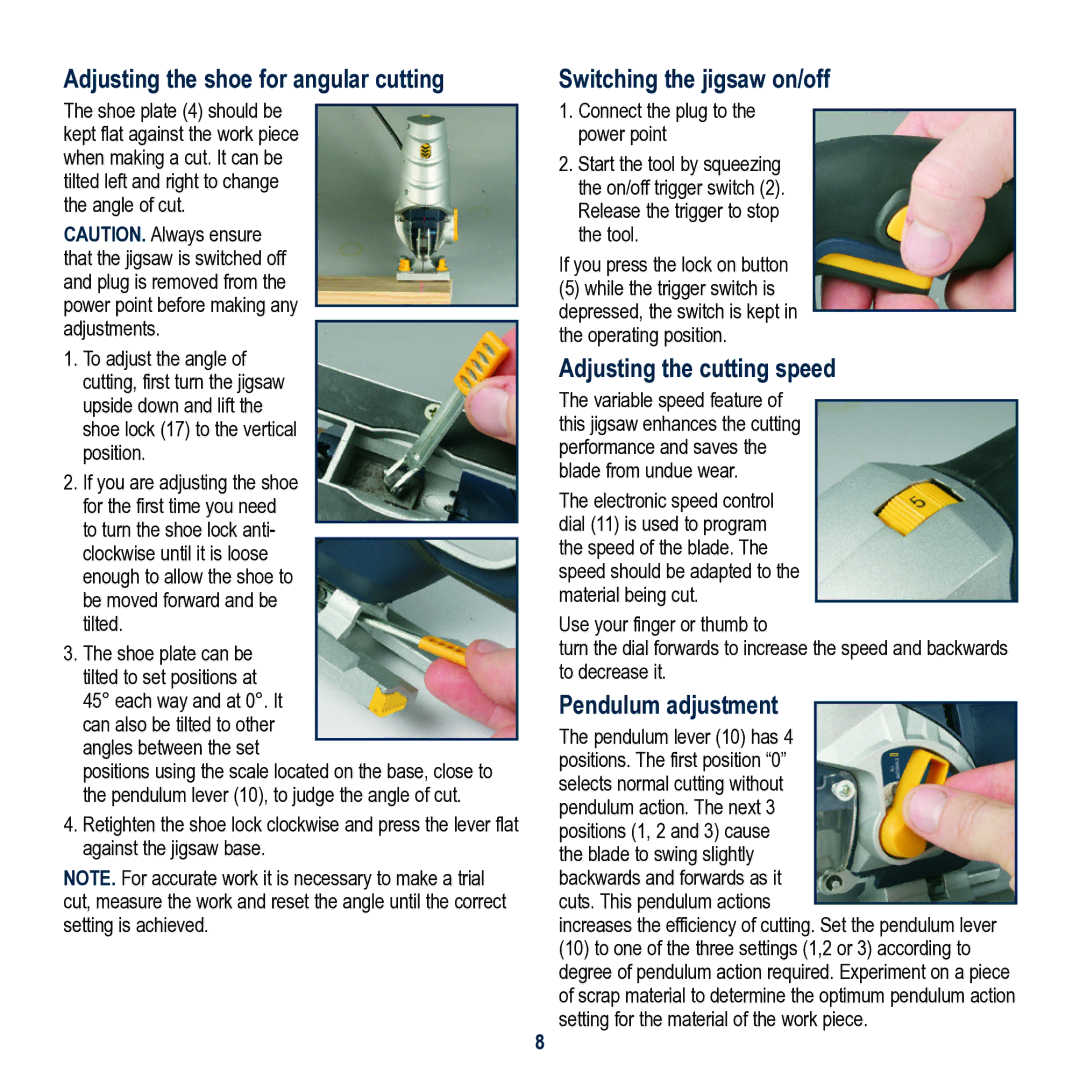 Global Machinery Company LS750P JM instruction manual Adjusting the shoe for angular cutting, Switching the jigsaw on/off 