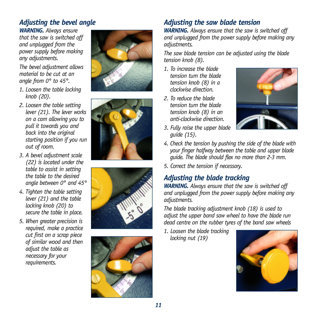 Global Machinery Company LS8B Adjusting the bevel angle, Adjusting the saw blade tension, Adjusting the blade tracking 