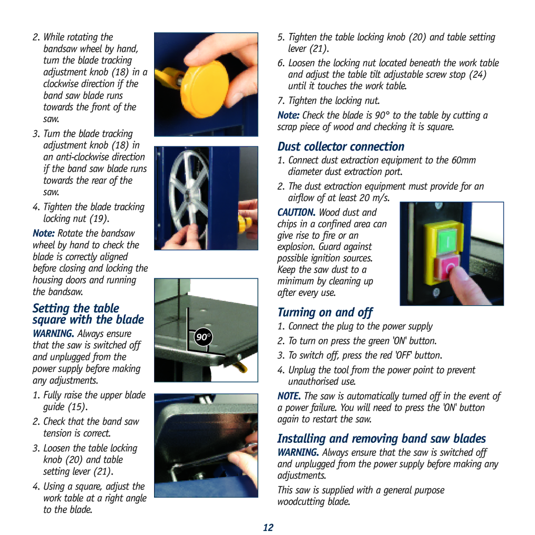 Global Machinery Company LS8B Dust collector connection, Turning on and off, Installing and removing band saw blades 