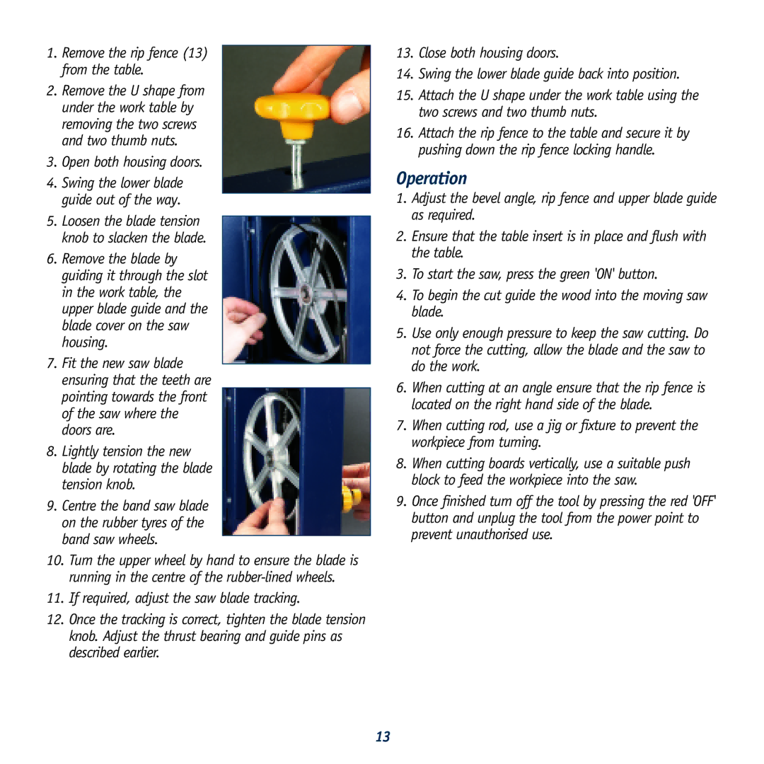 Global Machinery Company LS8B instruction manual Operation, Remove the rip fence 13 from the table, Open both housing doors 