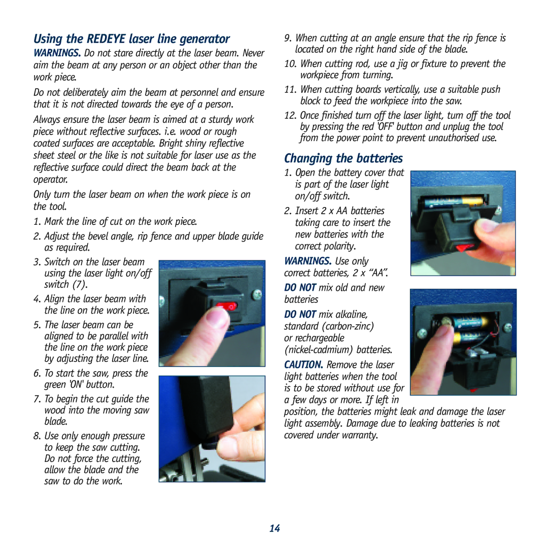 Global Machinery Company LS8B instruction manual Using the Redeye laser line generator, Changing the batteries 