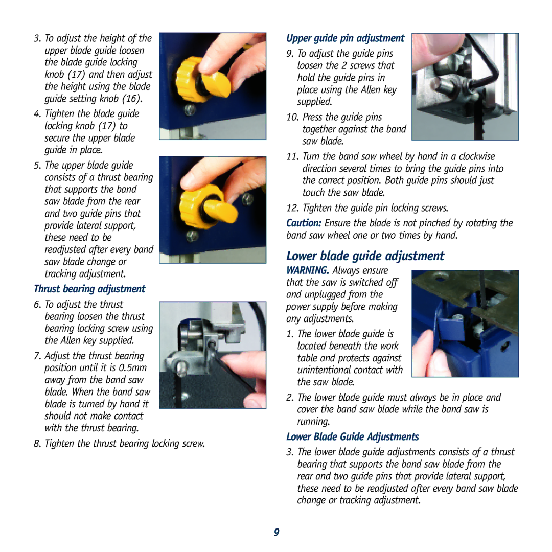 Global Machinery Company LS8B instruction manual Lower blade guide adjustment, Tighten the thrust bearing locking screw 
