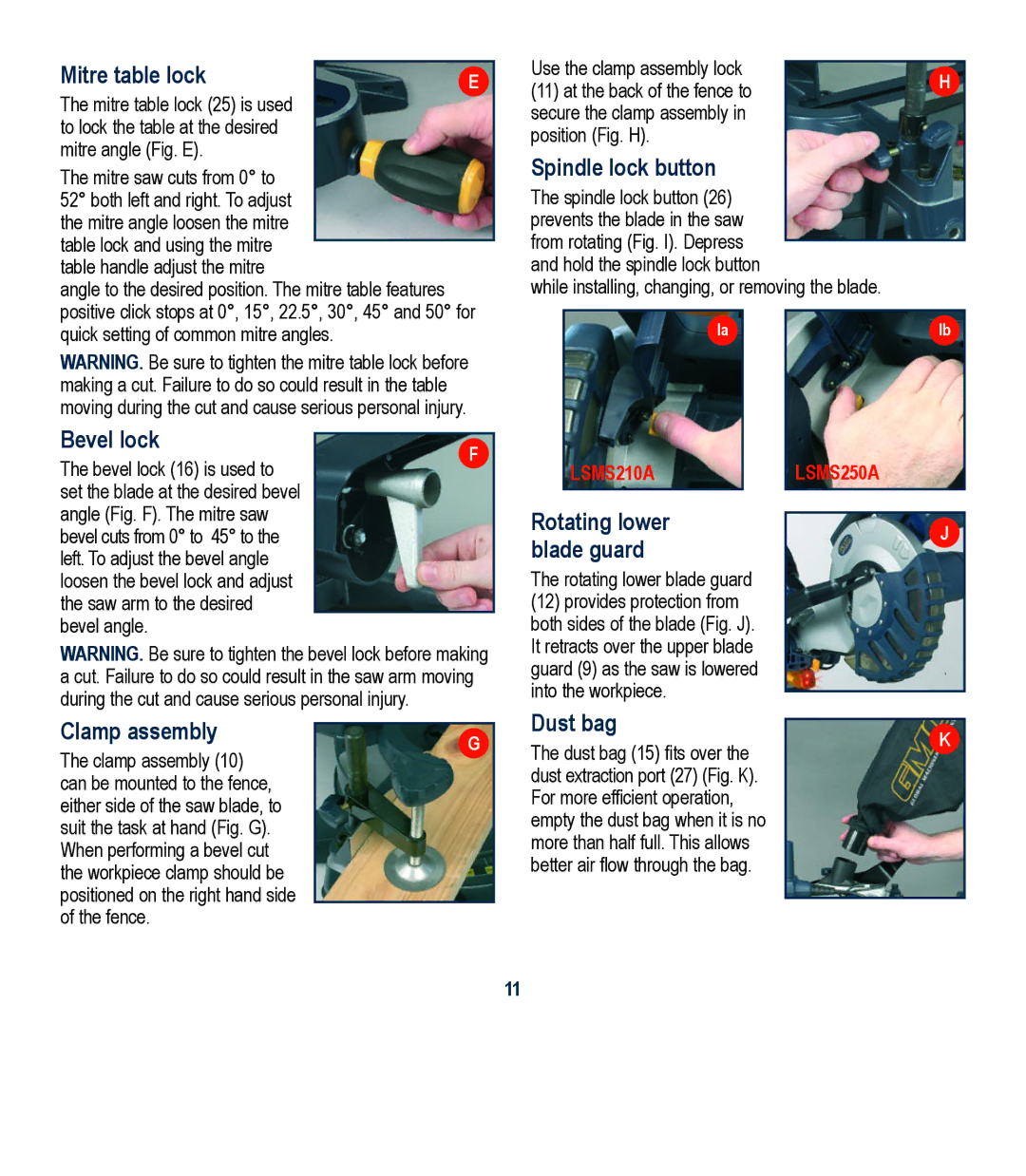 Global Machinery Company LSM210A Mitre table lock, Bevel lock, Clamp assembly, Spindle lock button, Dust bag 