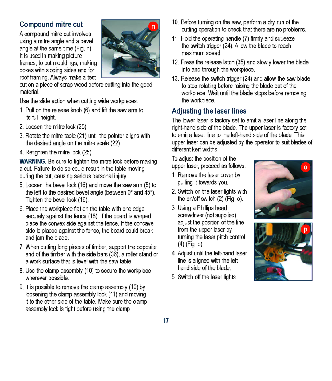 Global Machinery Company LSM210A instruction manual Compound mitre cut, Adjusting the laser lines 