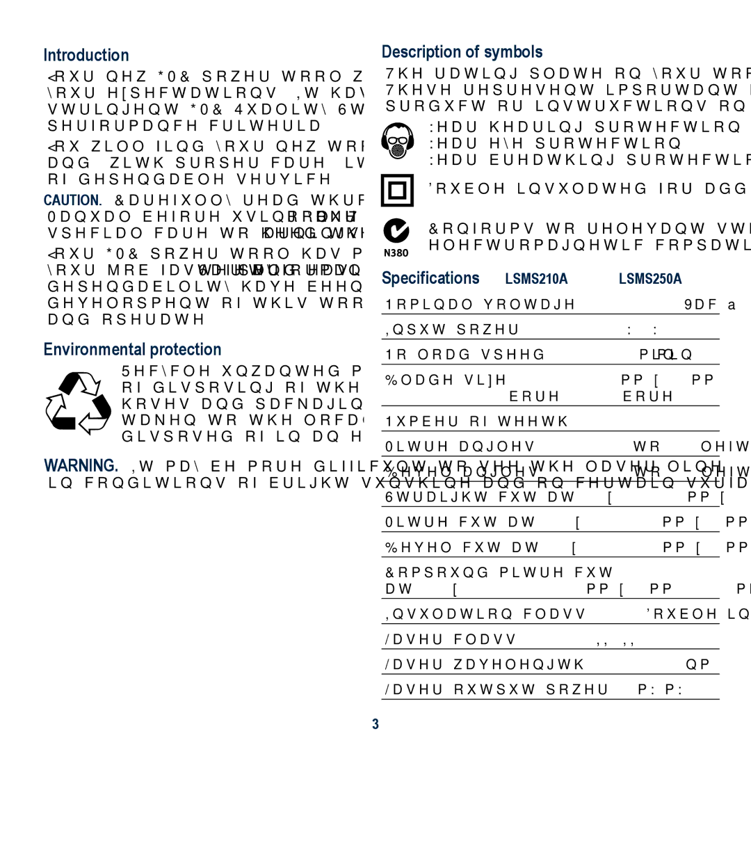 Global Machinery Company LSM210A Introduction, Environmental protection, Description of symbols, Specifications 