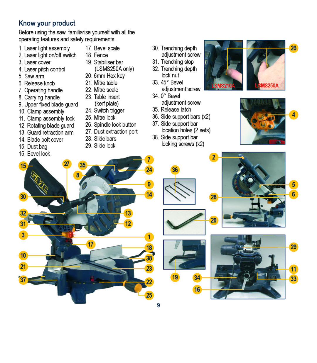 Global Machinery Company LSM210A instruction manual Know your product, Adjustment screw 