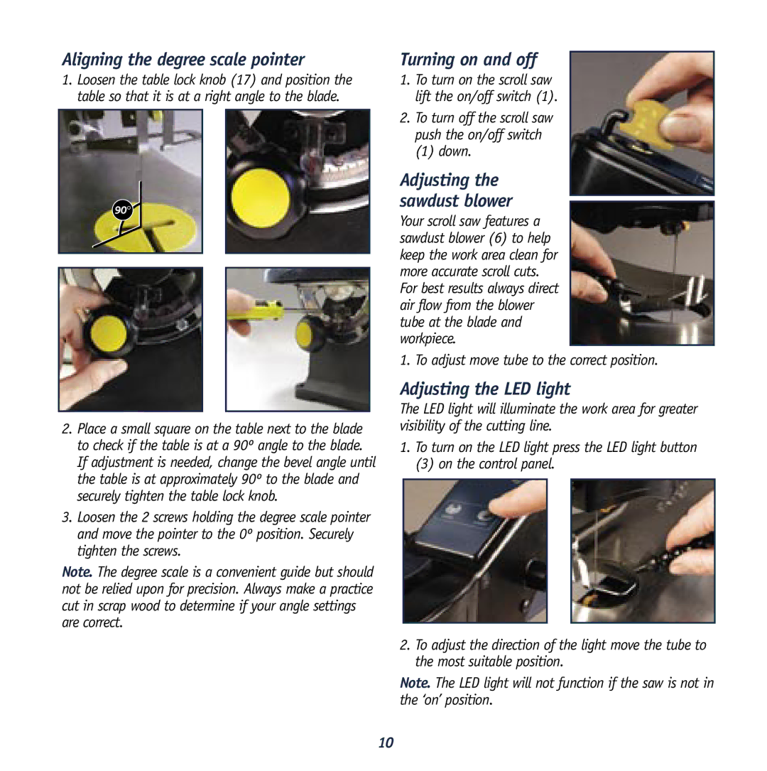 Global Machinery Company LSSCR Aligning the degree scale pointer, Turning on and off, Adjusting the LED light, Down 