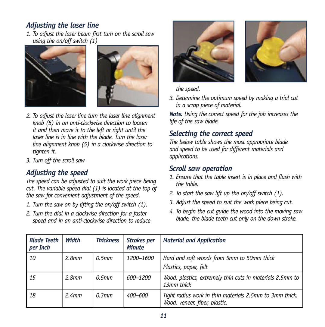 Global Machinery Company LSSCR Adjusting the laser line, Adjusting the speed, Selecting the correct speed 