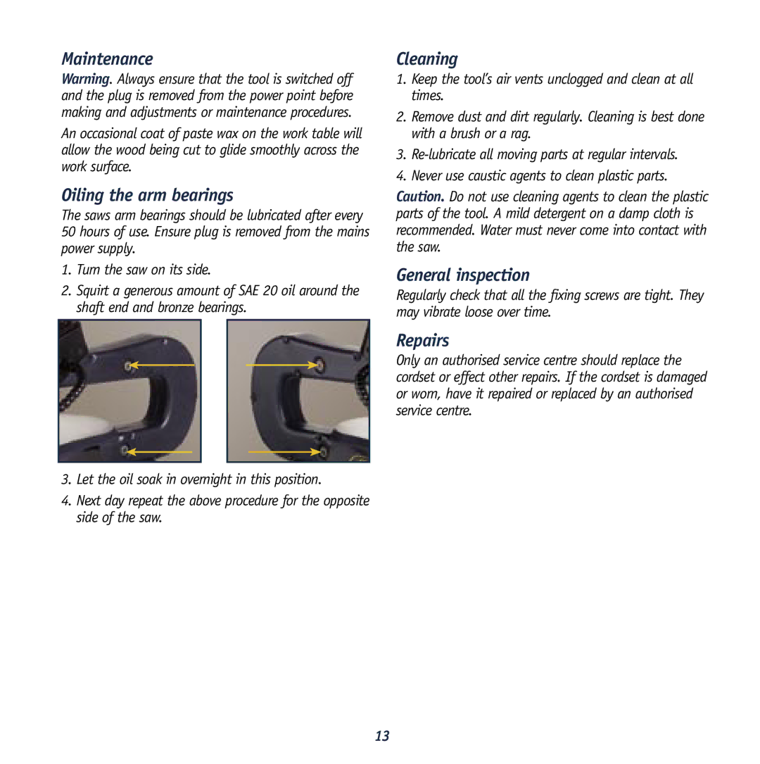 Global Machinery Company LSSCR Maintenance, Oiling the arm bearings, Cleaning, General inspection, Repairs 