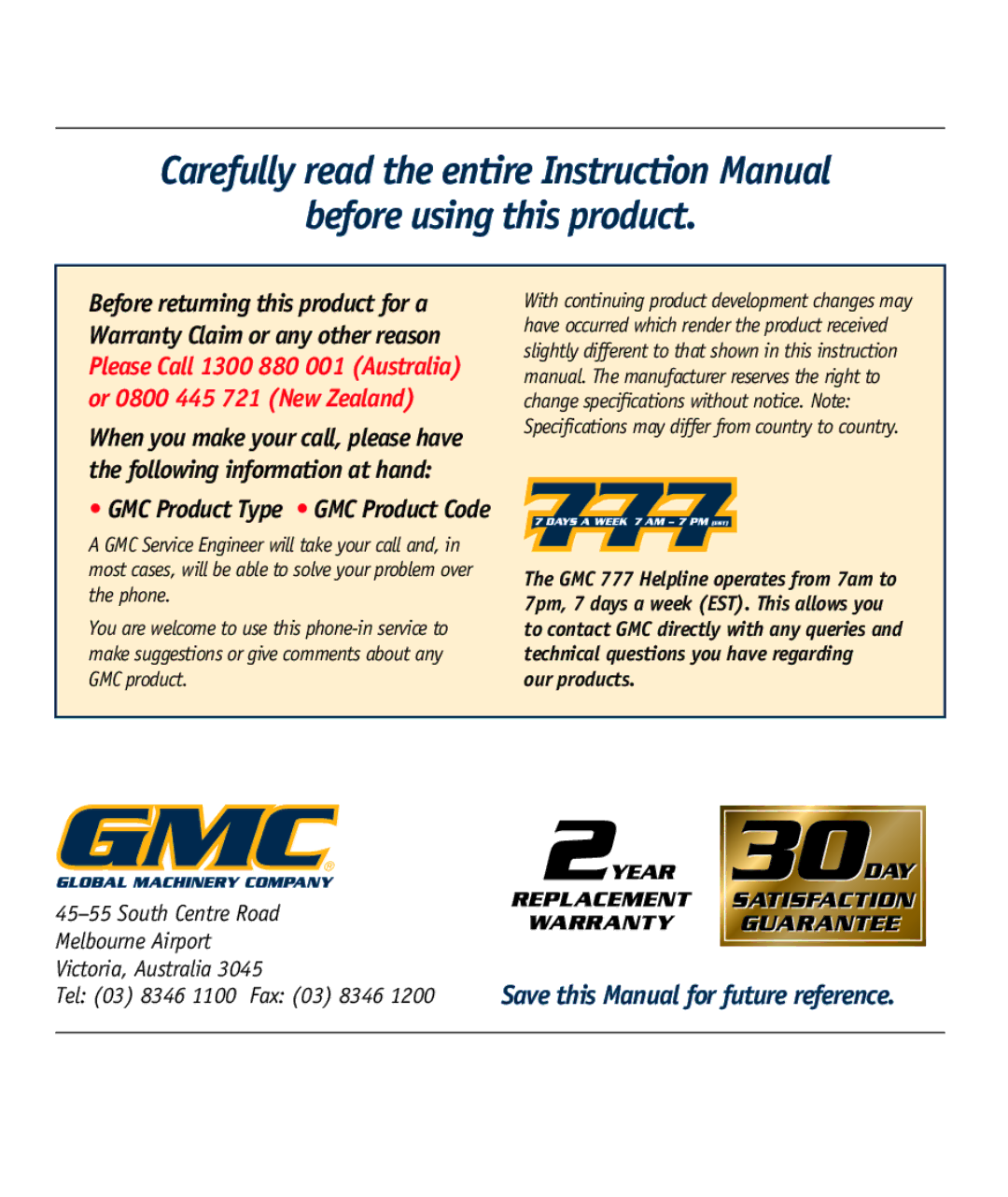 Global Machinery Company LSSLV instruction manual South Centre Road Melbourne Airport Victoria, Australia 