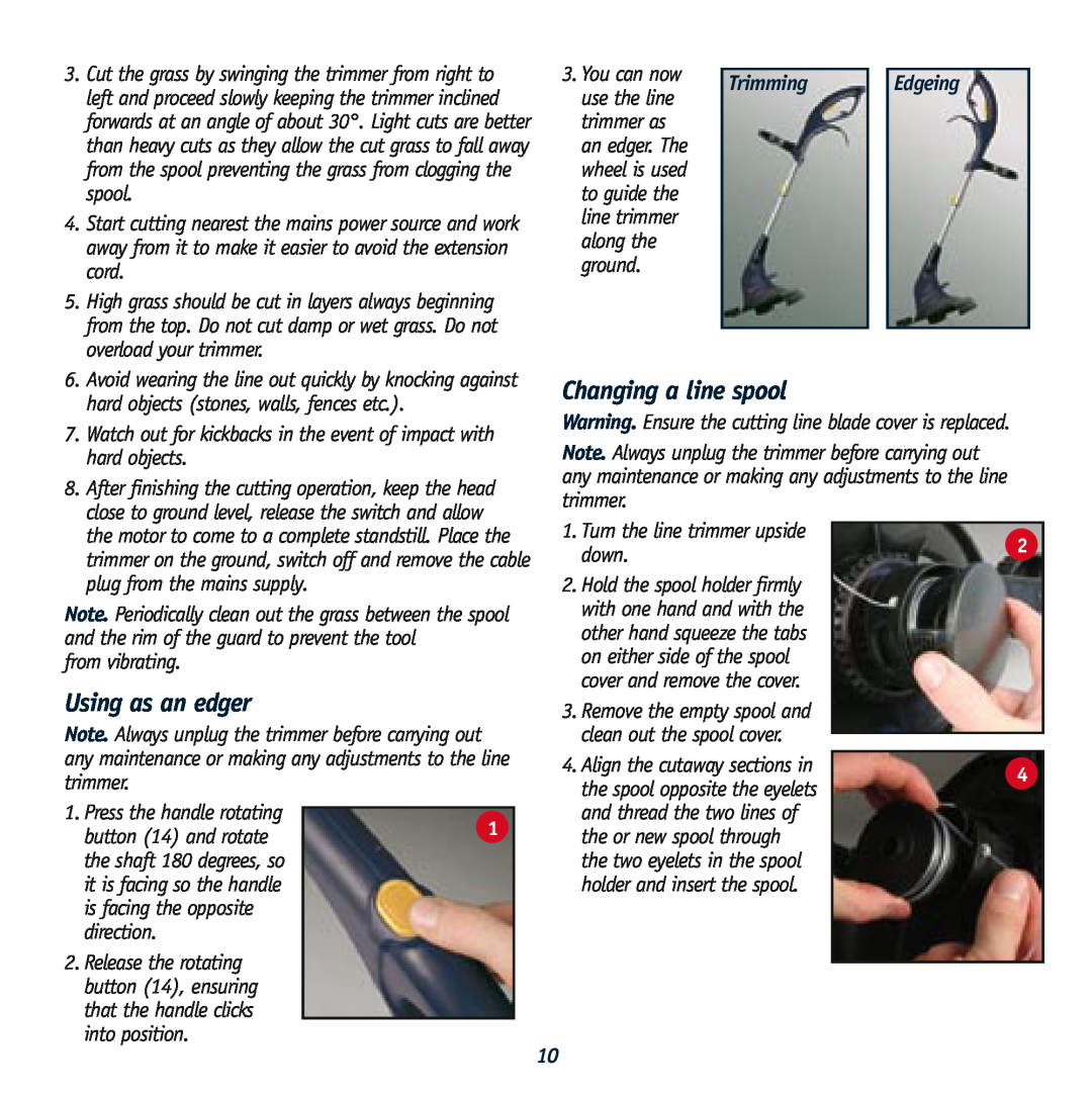 Global Machinery Company LT550 instruction manual Using as an edger, Changing a line spool, Trimming, Edgeing 