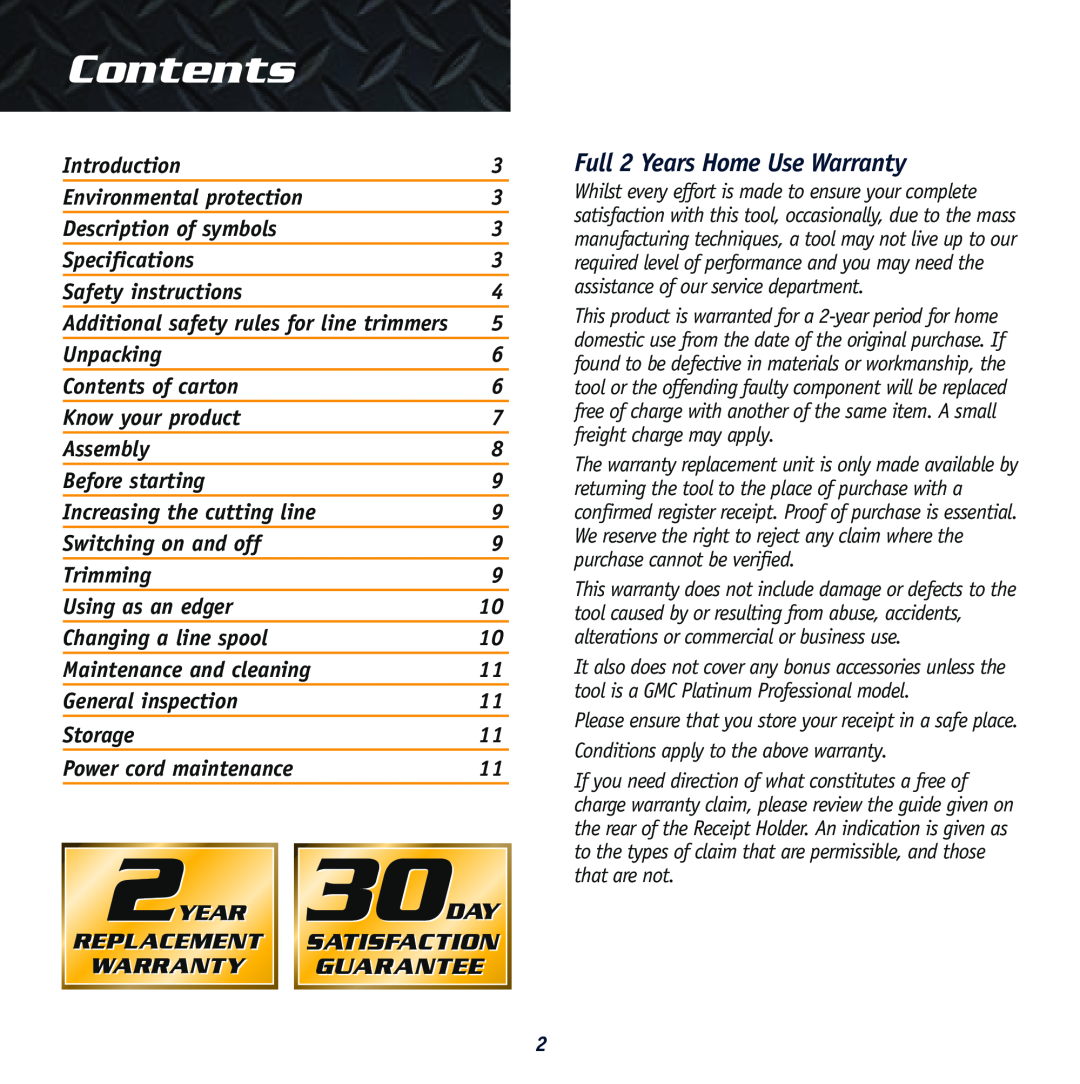 Global Machinery Company LT550 instruction manual Full 2 Years Home Use Warranty, Contents 