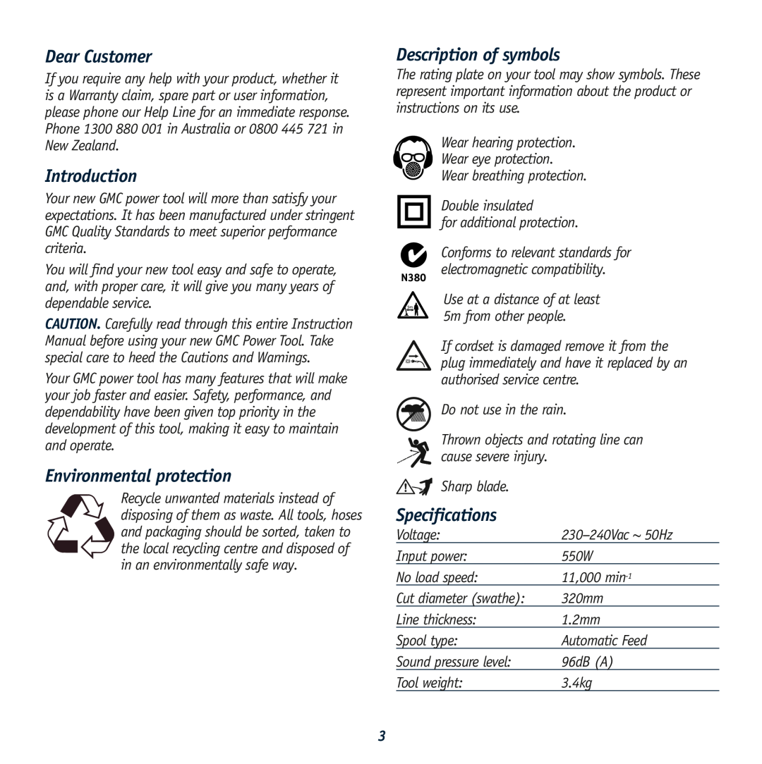 Global Machinery Company LT550 Dear Customer, Introduction, Environmental protection, Description of symbols 