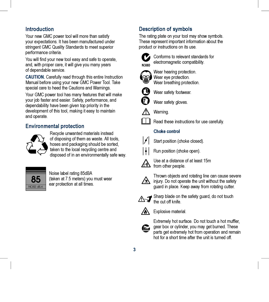 Global Machinery Company LTP25SS Introduction, Environmental protection Description of symbols, Choke control 