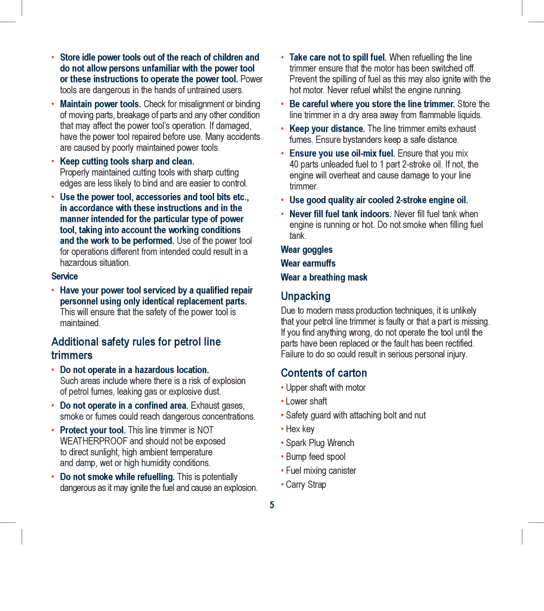 Global Machinery Company LTP25SS Additional safety rules for petrol line trimmers, Unpacking, Contents of carton 