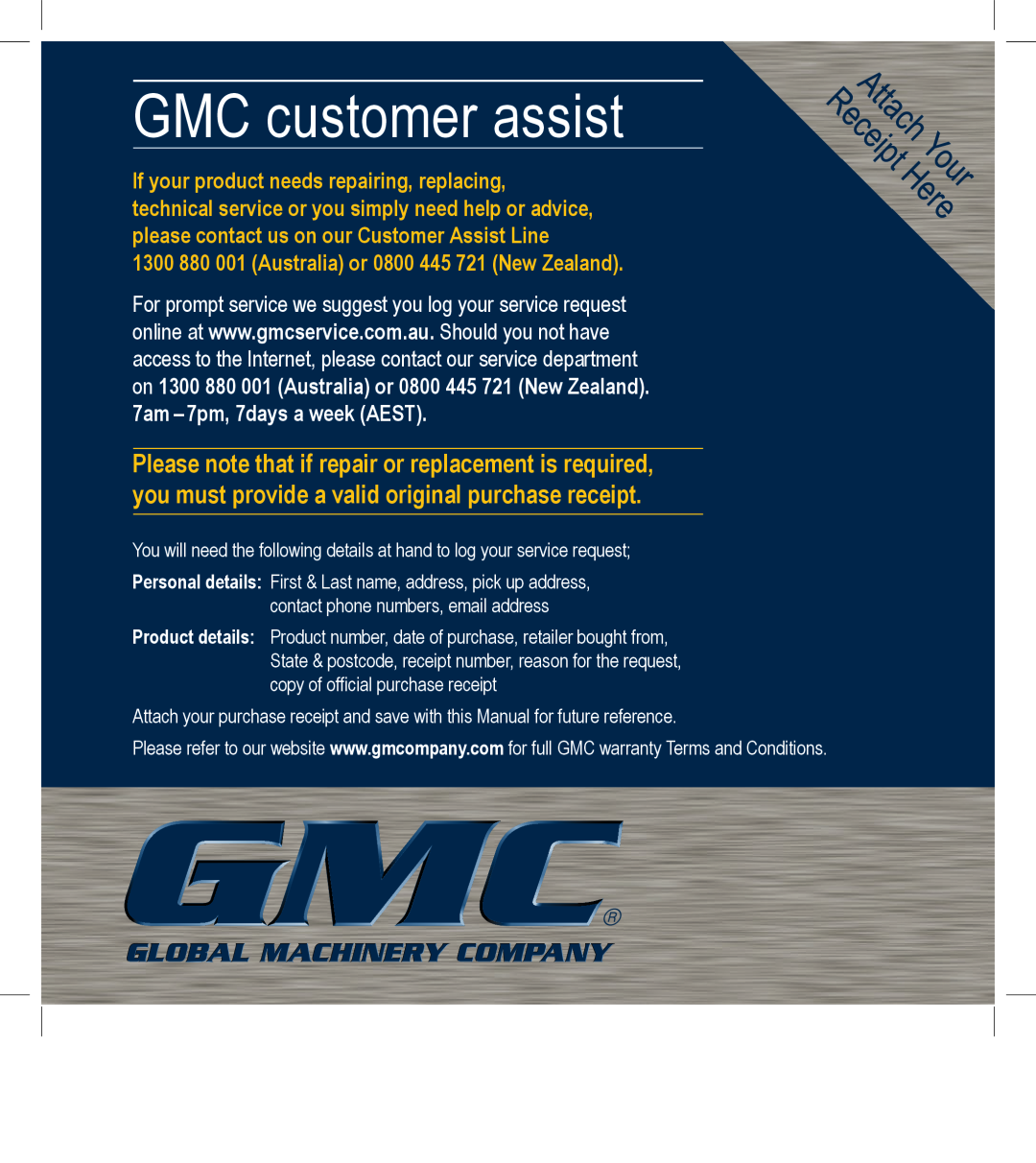 Global Machinery Company LTP25SS instruction manual GMC customer assist, 1300 880 001 Australia or 0800 445 721 New Zealand 