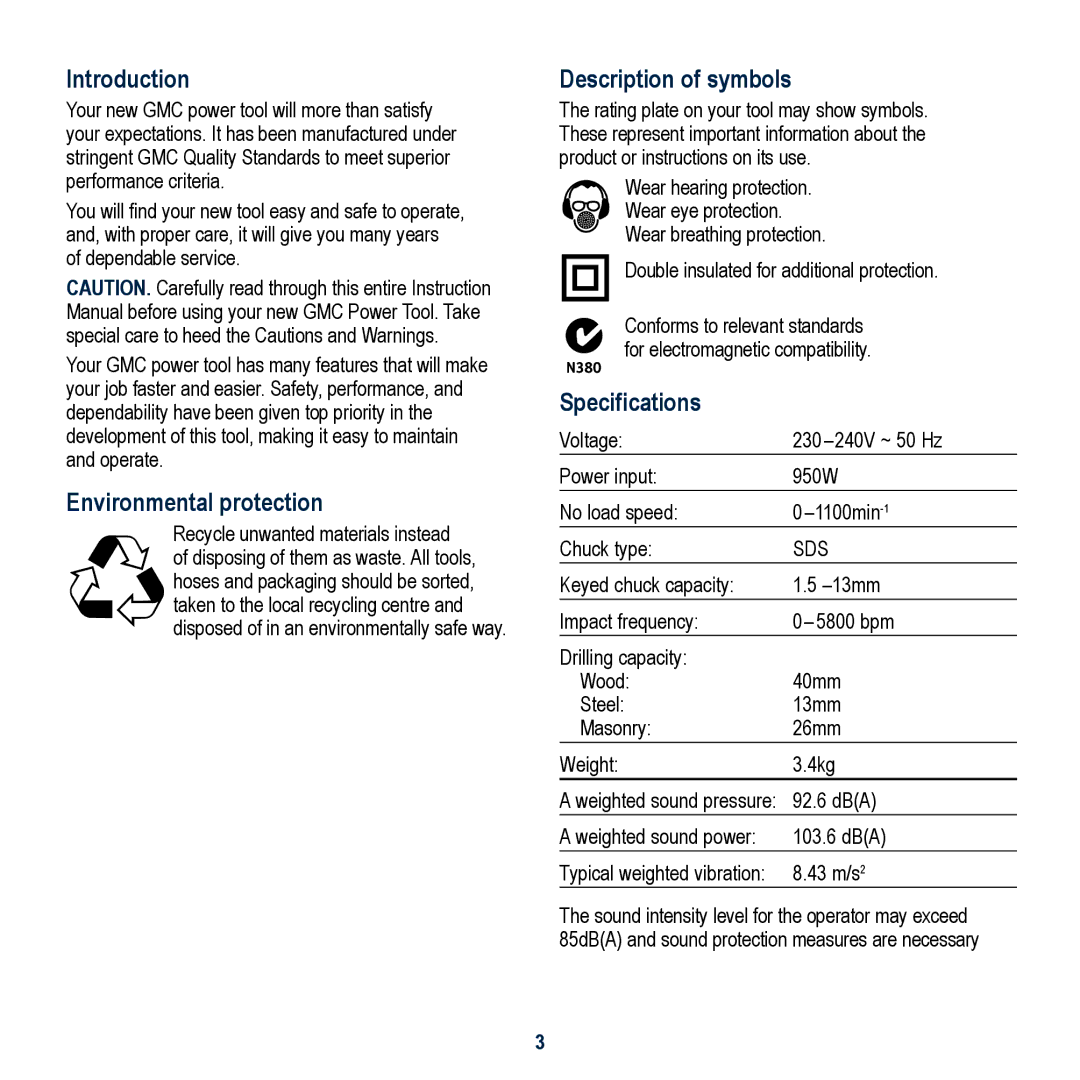 Global Machinery Company MAG950HD Introduction, Environmental protection, Description of symbols, Specifications 