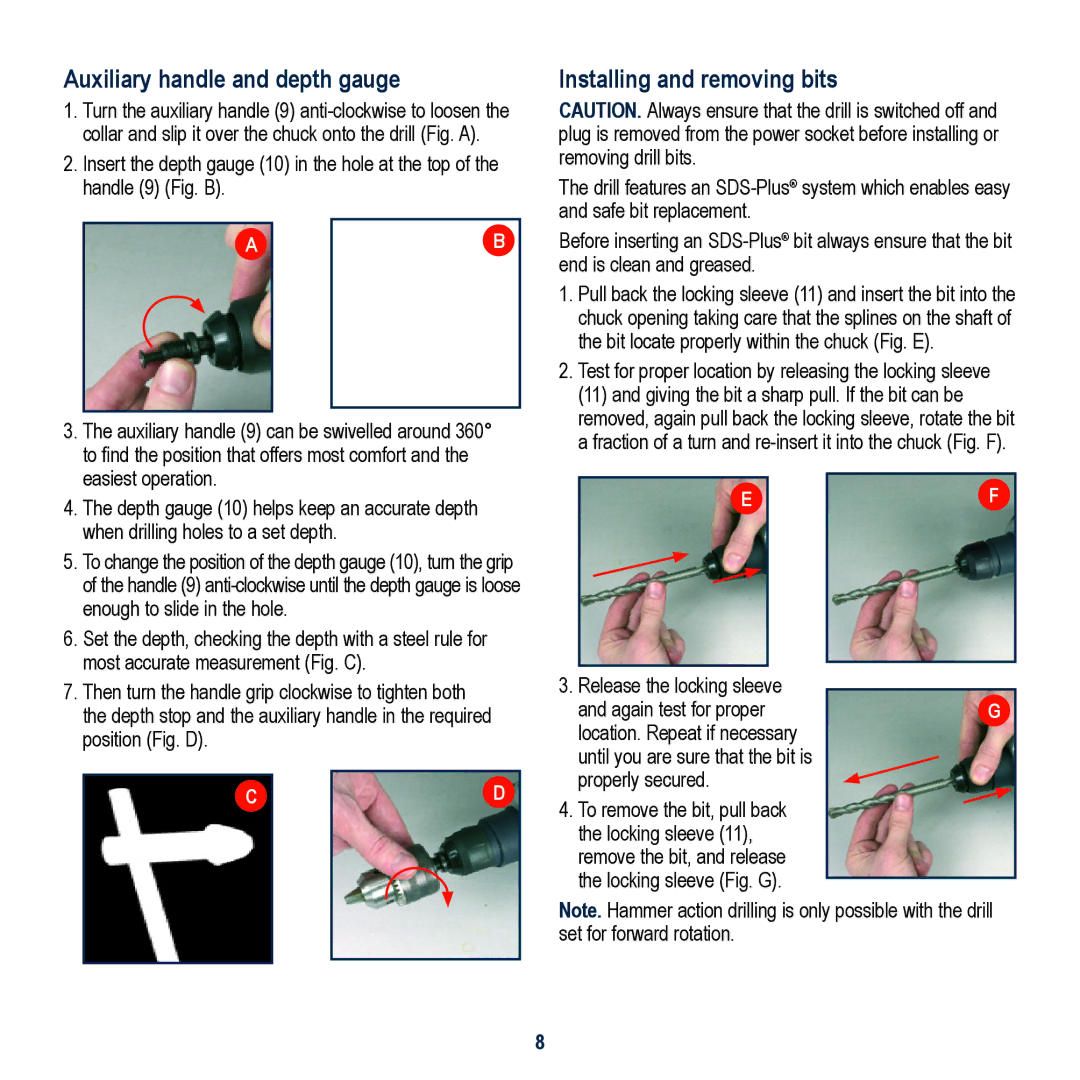 Global Machinery Company MAG950HD instruction manual Auxiliary handle and depth gauge, Installing and removing bits 