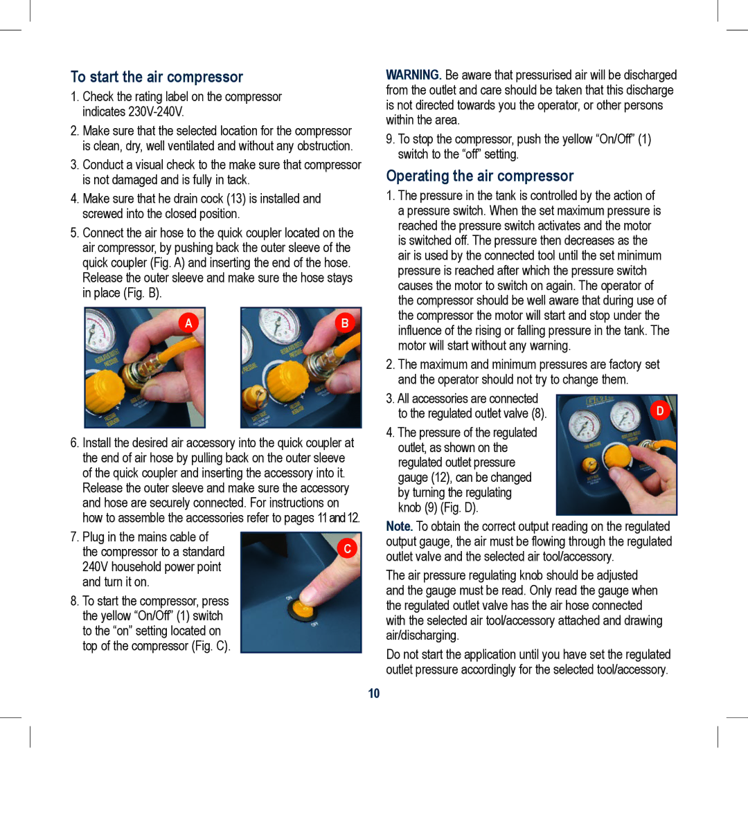 Global Machinery Company MOC6L instruction manual To start the air compressor, Operating the air compressor 