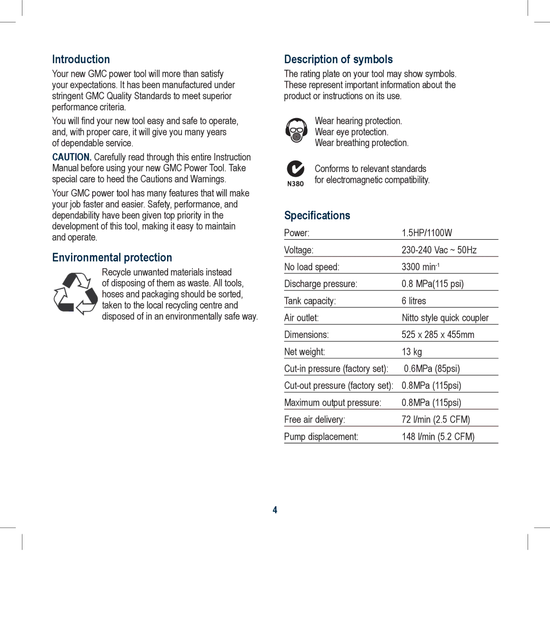 Global Machinery Company MOC6L Introduction, Environmental protection, Description of symbols, Specifications 