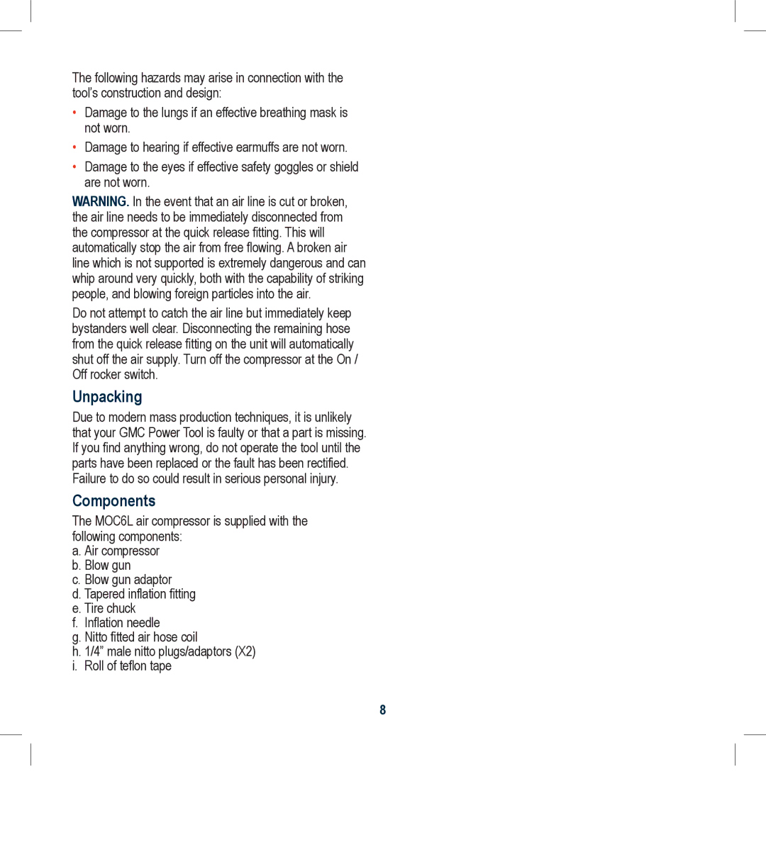 Global Machinery Company MOC6L instruction manual Unpacking, Components 