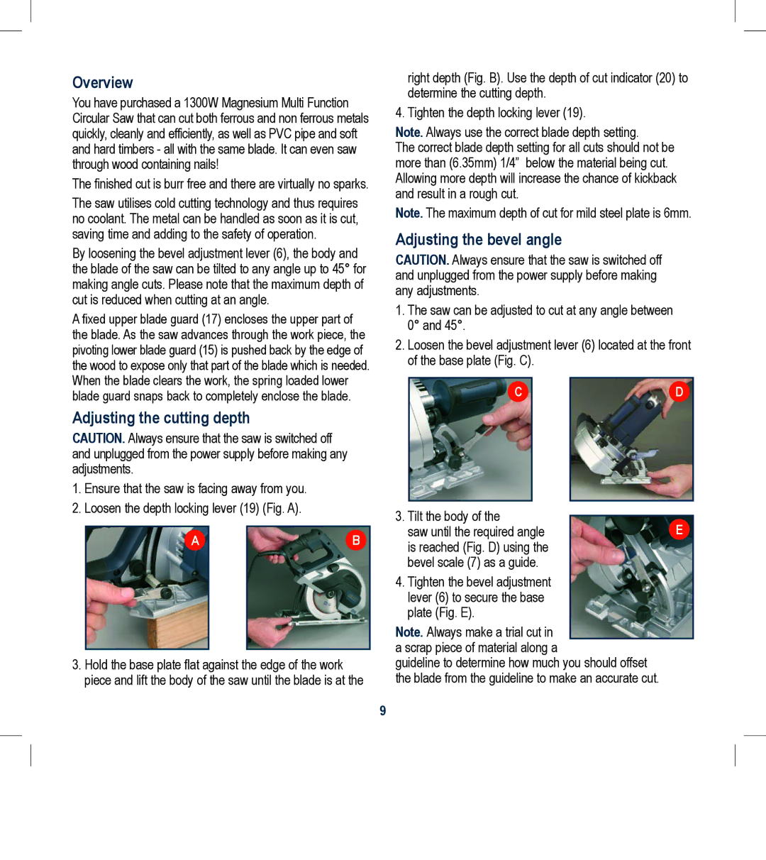 Global Machinery Company MPS184M instruction manual Overview, Adjusting the cutting depth, Adjusting the bevel angle 