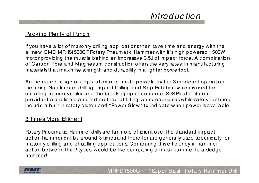 Global Machinery Company MRHD1500CF manual Introduction, Packing Plenty of Punch 