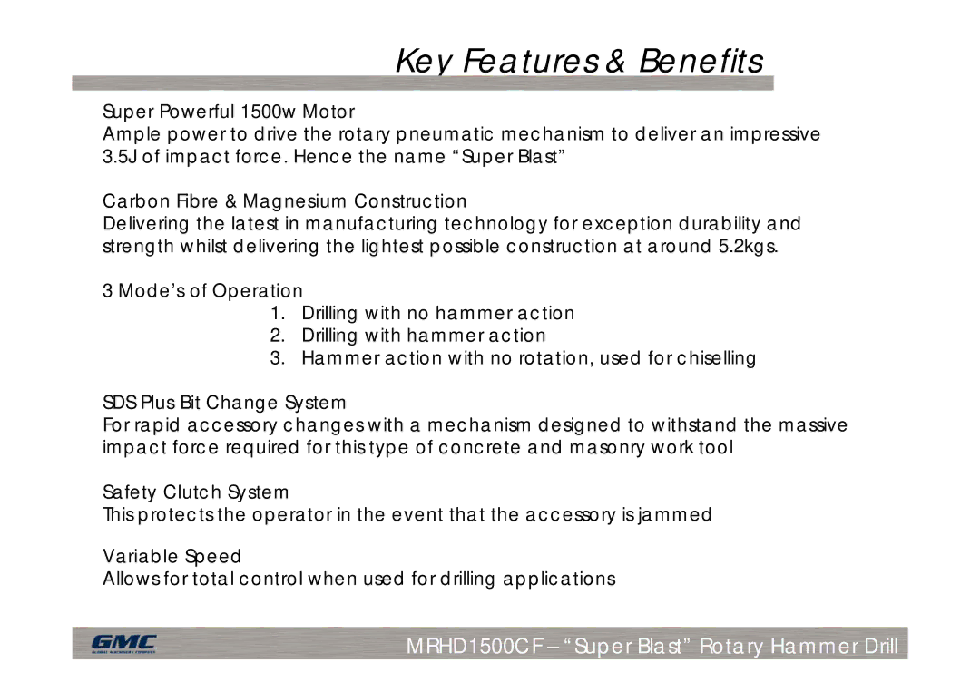 Global Machinery Company MRHD1500CF manual Key Features & Benefits 