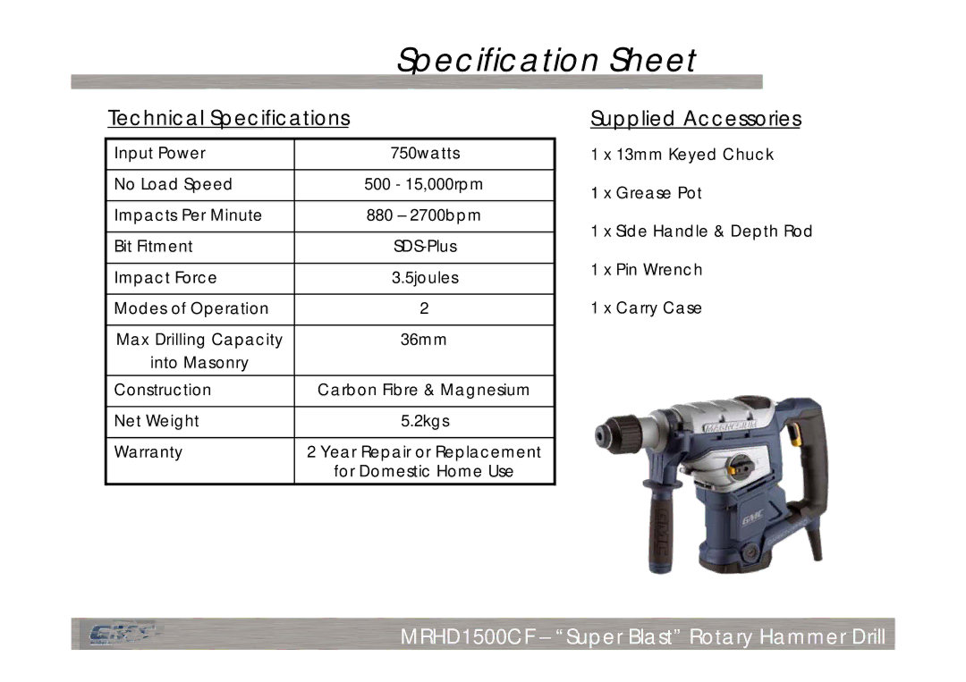 Global Machinery Company MRHD1500CF manual Specification Sheet, Technical Specifications 