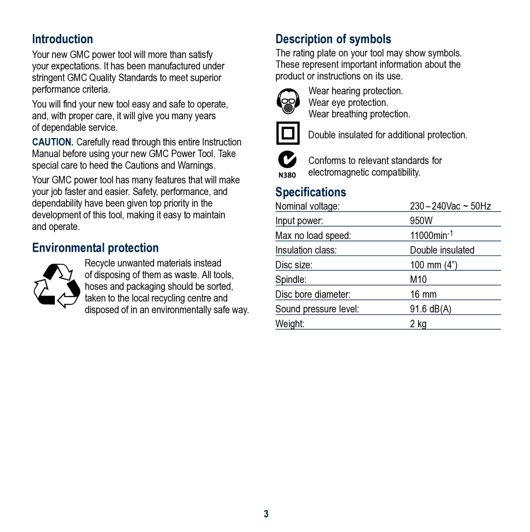 Global Machinery Company MX100MAG Introduction, Environmental protection, Description of symbols, Specifications 