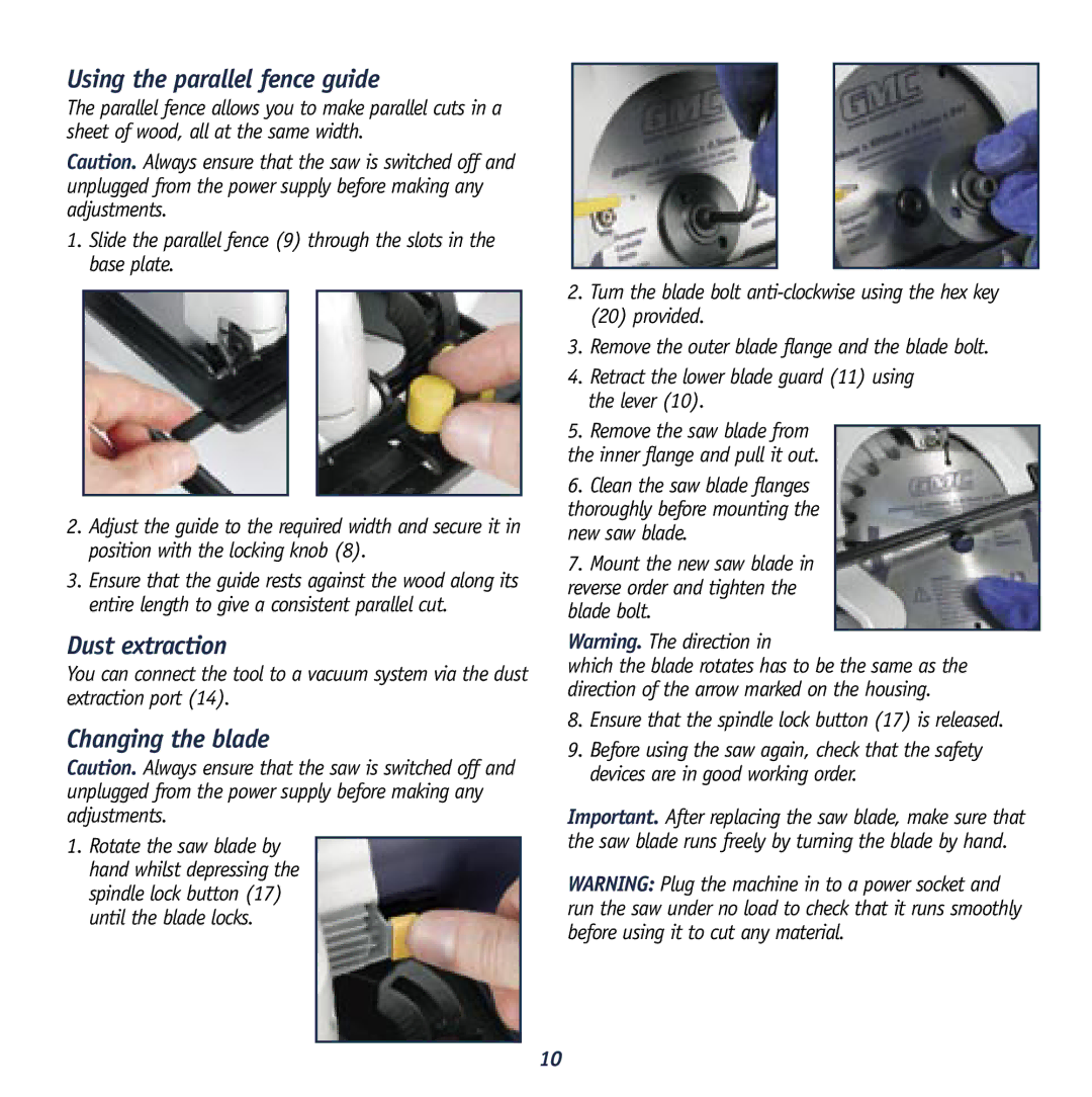 Global Machinery Company MX1275 instruction manual Using the parallel fence guide, Dust extraction, Changing the blade 