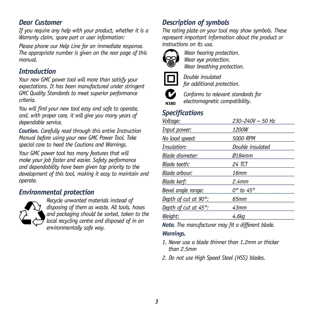 Global Machinery Company MX1275 Dear Customer, Introduction, Environmental protection, Description of symbols 