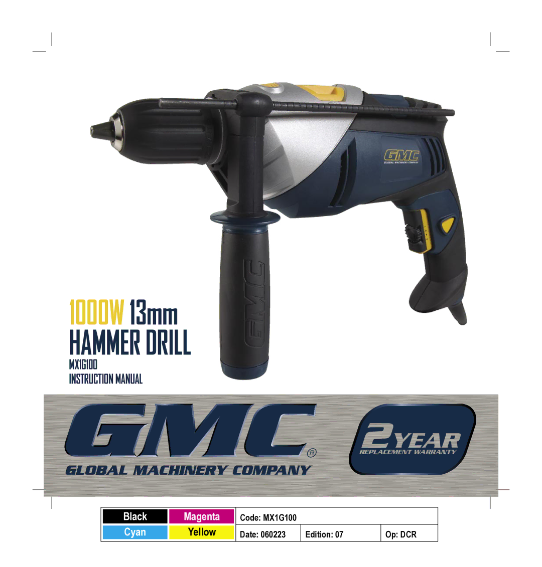 Global Machinery Company MX1G100 instruction manual Hammer Drill 