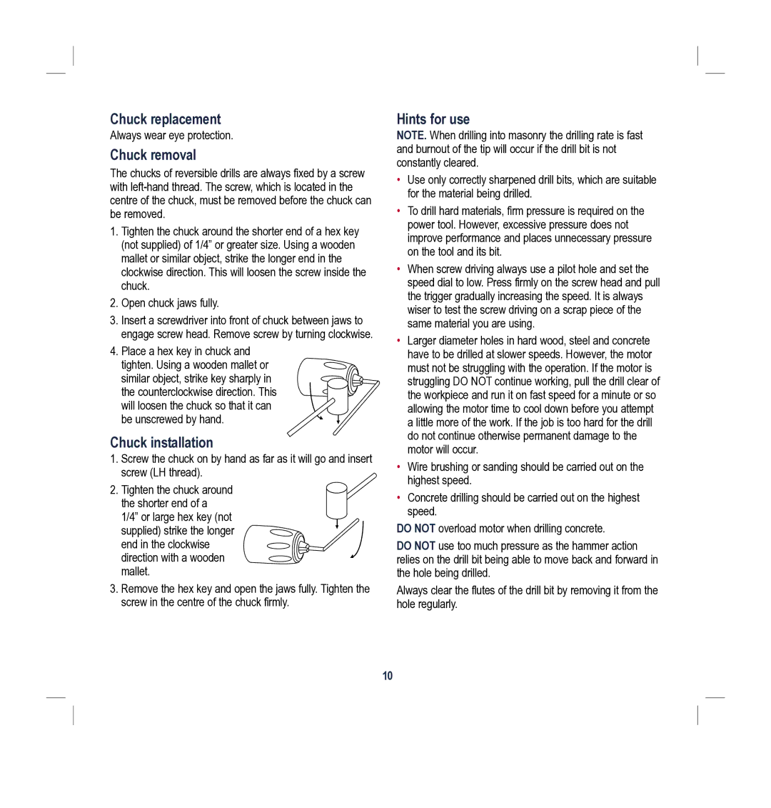 Global Machinery Company MX1G100 instruction manual Chuck replacement, Chuck removal, Chuck installation, Hints for use 