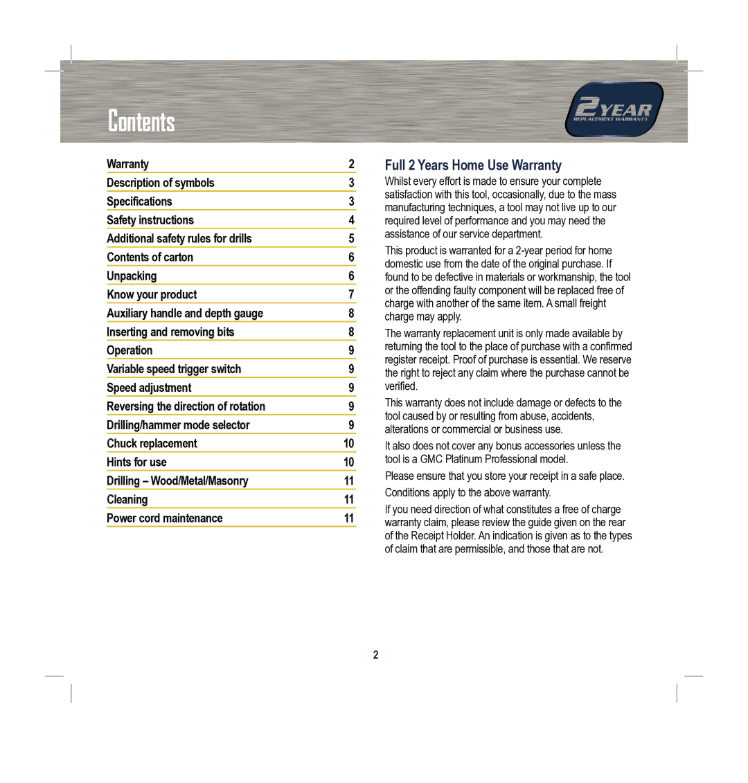 Global Machinery Company MX1G100 instruction manual Contents 