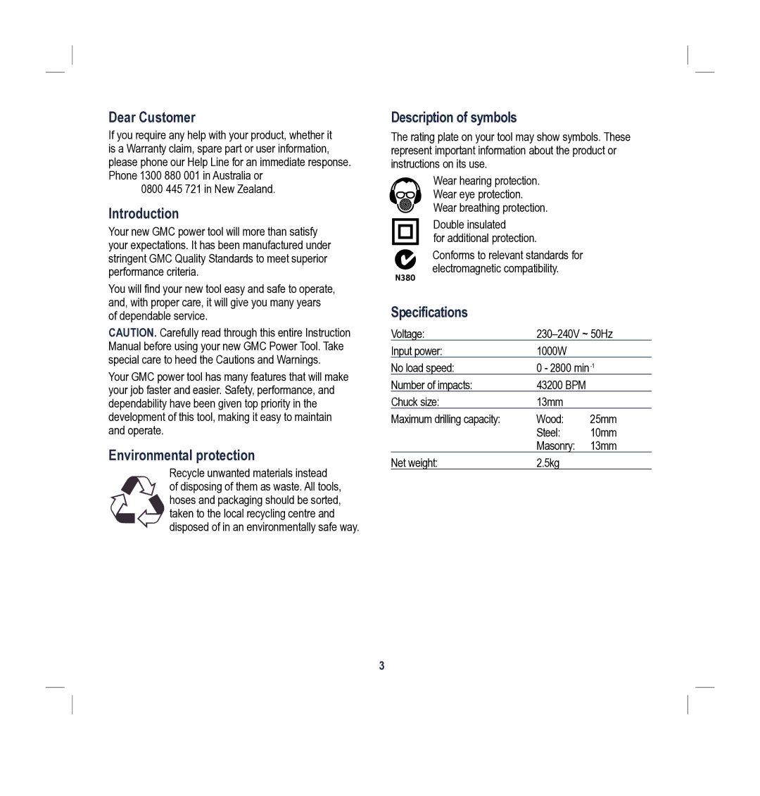 Global Machinery Company MX1G100 Dear Customer, Introduction, Environmental protection, Description of symbols 