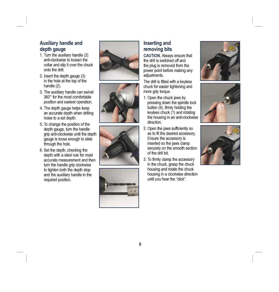 Global Machinery Company MX1G100 instruction manual Auxiliary handle and depth gauge, Inserting and removing bits 