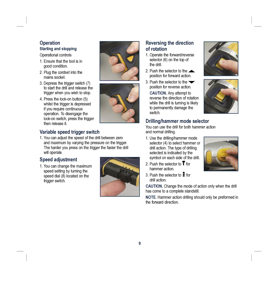 Global Machinery Company MX1G100 Operation, Variable speed trigger switch, Speed adjustment, Drilling/hammer mode selector 