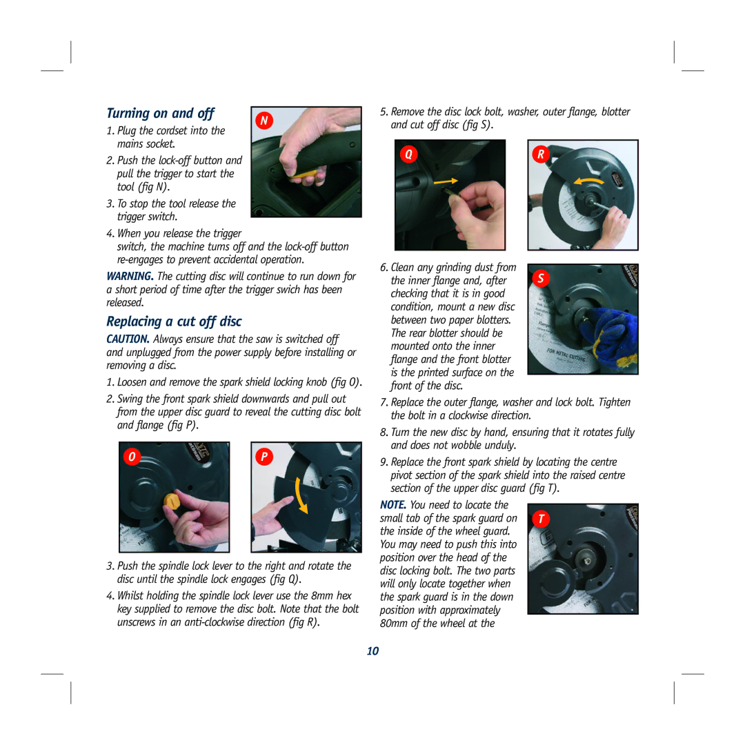 Global Machinery Company MX355C warranty Turning on and off, Replacing a cut off disc 