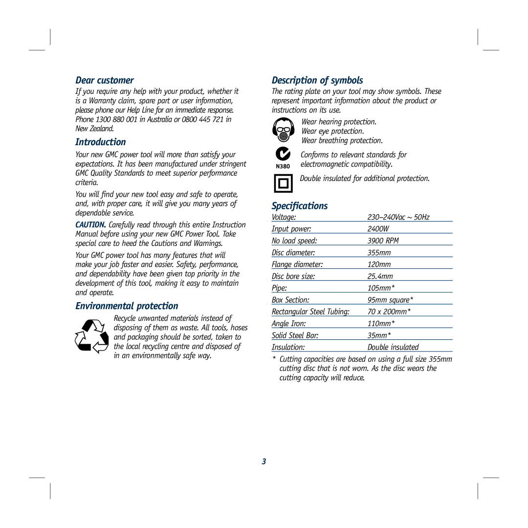 Global Machinery Company MX355C warranty Dear customer, Introduction, Environmental protection, Description of symbols 