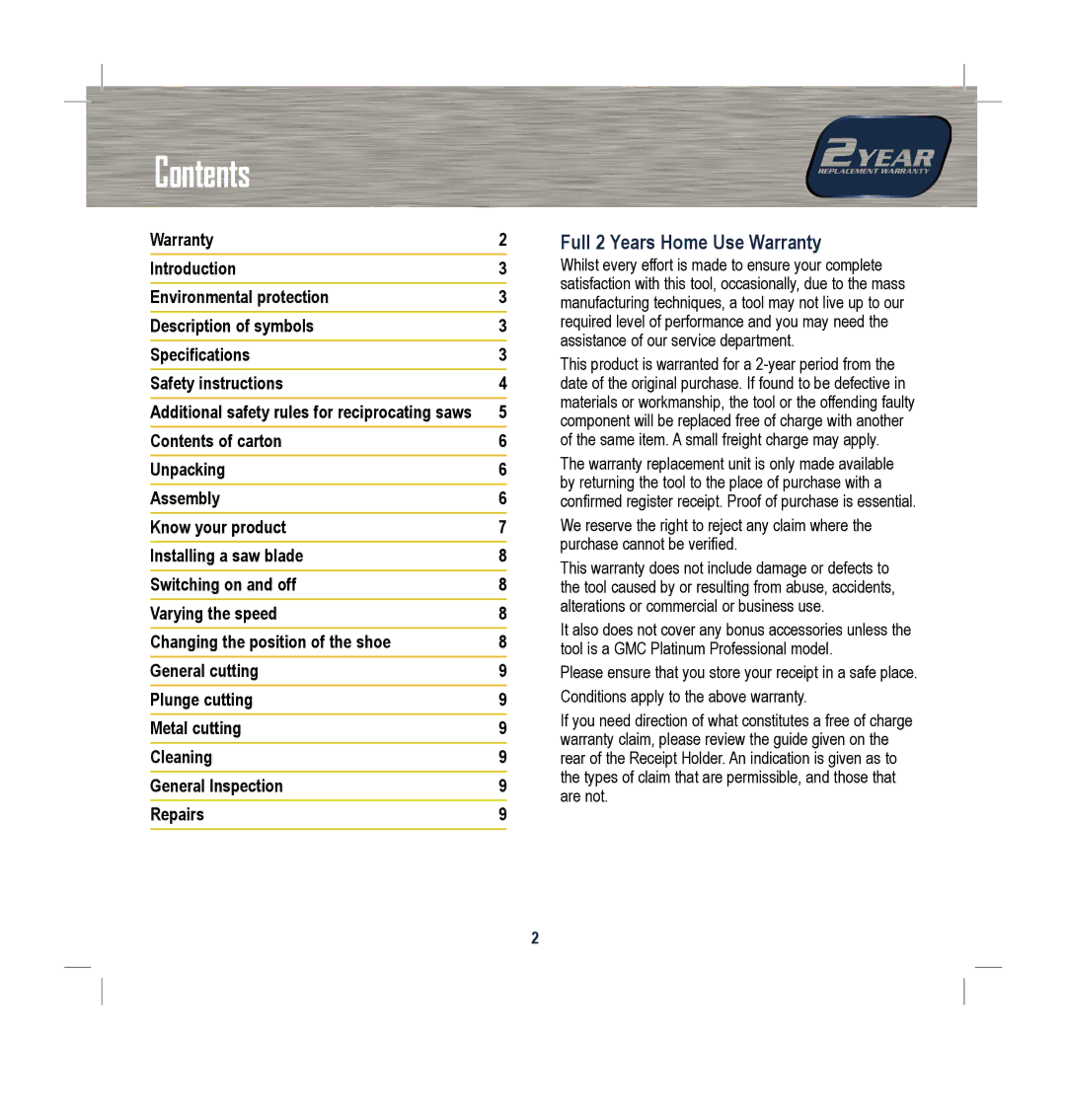 Global Machinery Company MXR56 instruction manual Contents 