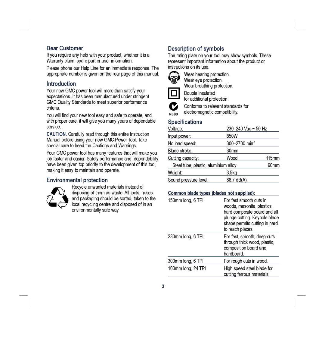 Global Machinery Company MXR56 Dear Customer, Introduction, Environmental protection, Description of symbols 