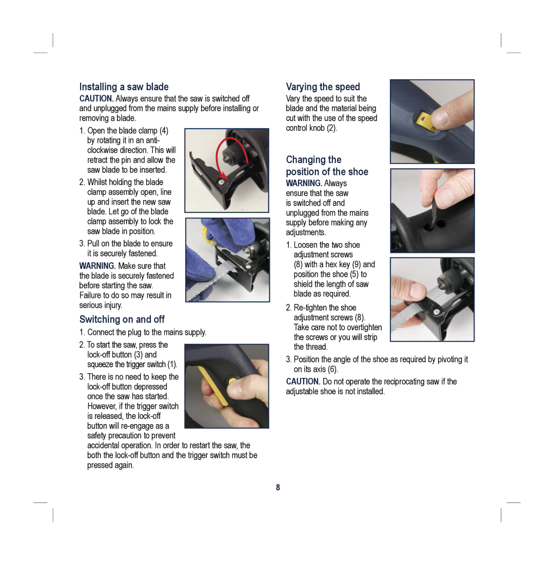 Global Machinery Company MXR56 instruction manual Installing a saw blade, Switching on and off, Varying the speed 