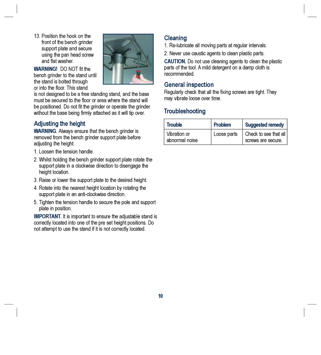 Global Machinery Company NTS2000A Adjusting the height, Cleaning, General inspection, Troubleshooting, Trouble Problem 