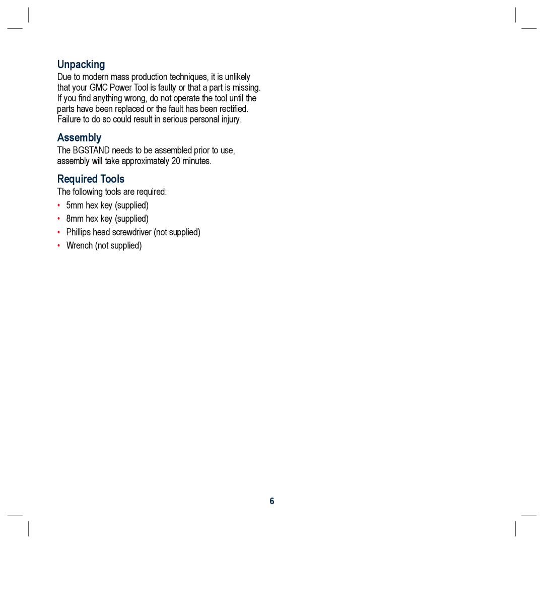 Global Machinery Company NTS2000A, BG150VS instruction manual Unpacking, Assembly, Required Tools 