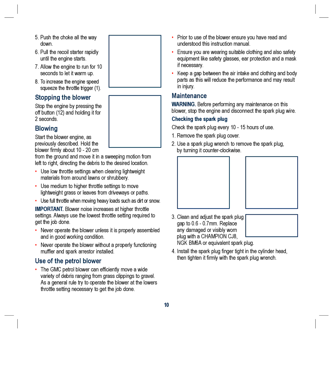 Global Machinery Company PB26CC instruction manual Stopping the blower, Blowing, Use of the petrol blower, Maintenance 