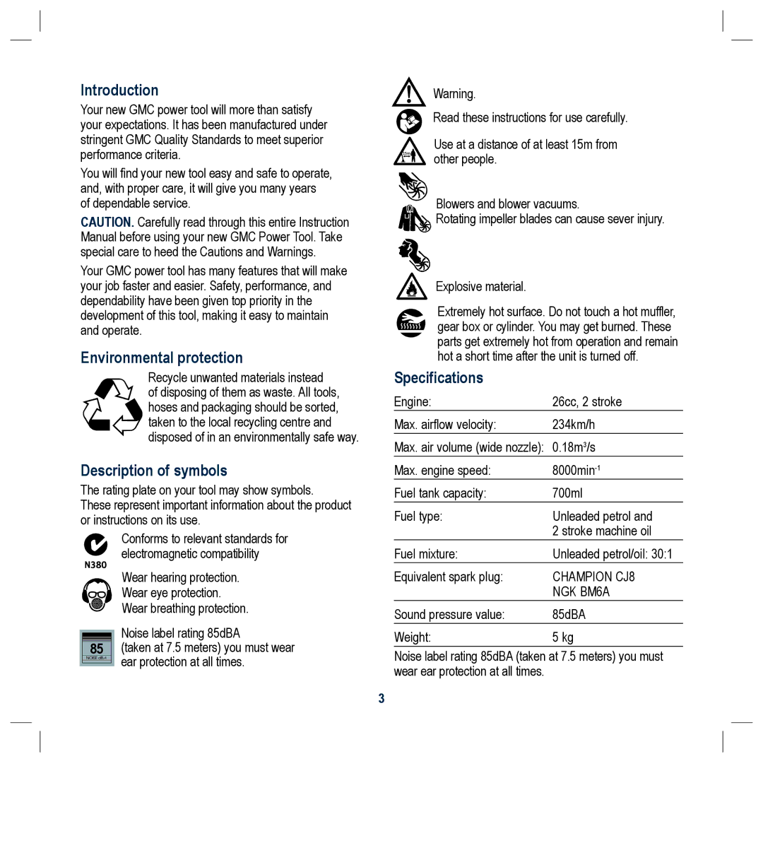 Global Machinery Company PB26CC Introduction, Environmental protection, Description of symbols, Specifications 