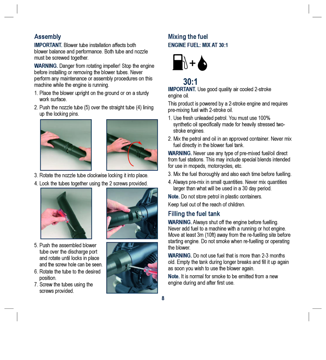 Global Machinery Company PB26CC instruction manual Assembly, Mixing the fuel, Filling the fuel tank 